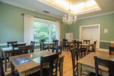 Dining room with light green walls, featuring several square wooden tables with dark chairs. A large window with white curtains overlooks a green outdoor scene. A white refrigerator is visible in the back right, and a decorative chandelier hangs from the white ceiling. The floor is light-colored wood.