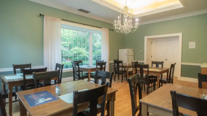 Dining room with light green walls, featuring several square wooden tables with dark chairs. A large window with white curtains overlooks a green outdoor scene. A white refrigerator is visible in the back right, and a decorative chandelier hangs from the white ceiling. The floor is light-colored wood.