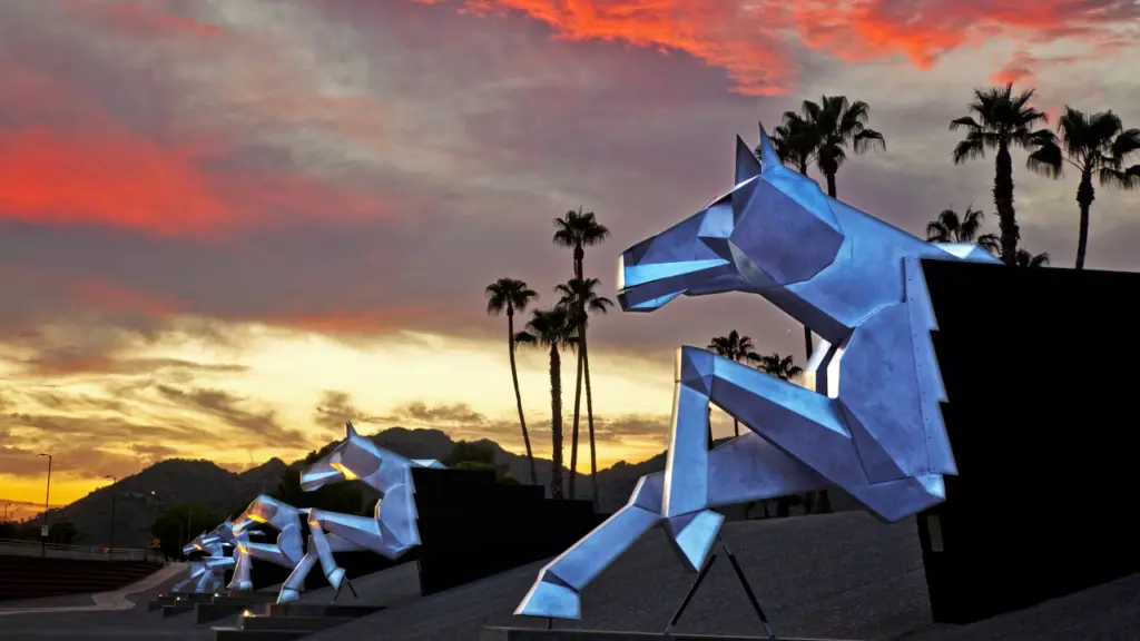 A row of metal horse sculptures in Scottsdale, Arizona