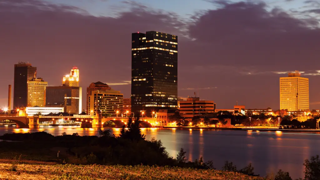 A view of downtown Toledo and the Maumee river at dusk