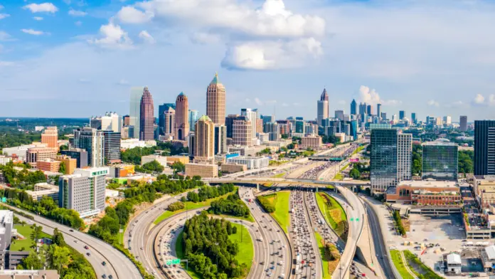 A view of the Atlanta, Georgia skyline during the day.