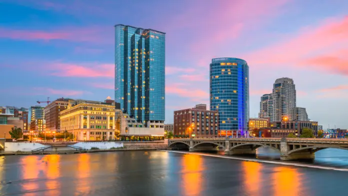 Grand Rapids city skyline at sunset in Michigan
