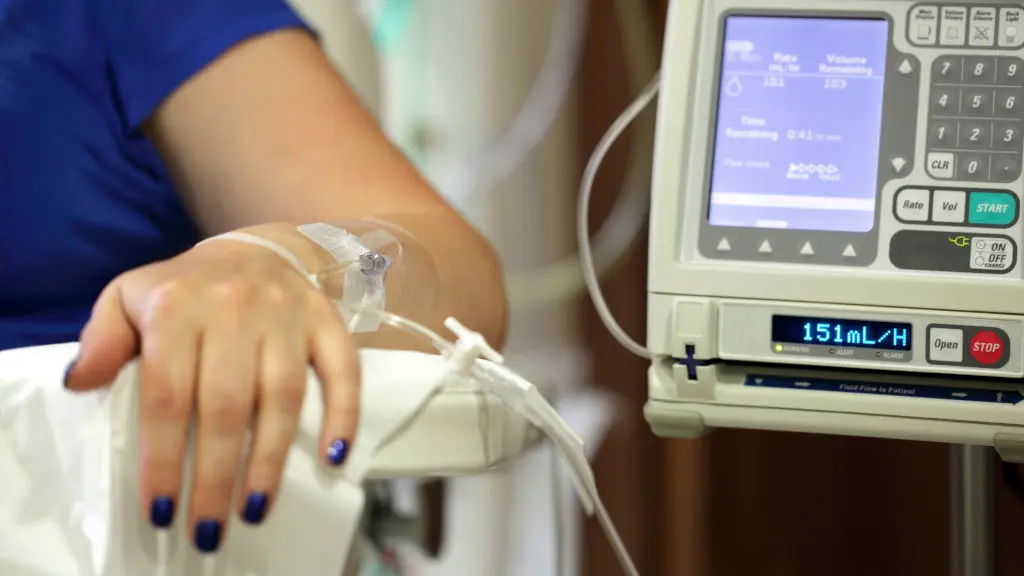 A patient receives an IV drip at the hospital. Some medications associated with AWS treatment are administered intravenously