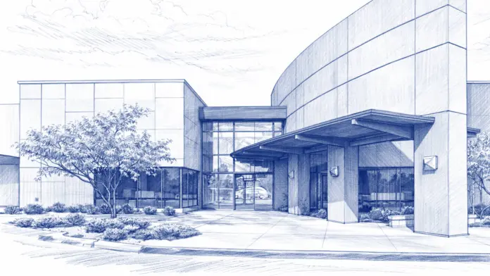 Close-up sketch of the modern glass entrance to a drug and alcohol recovery center.