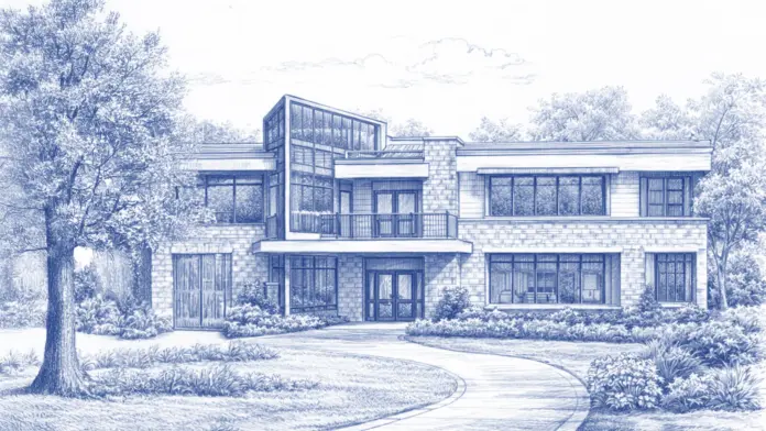 Architectural illustration of a modern luxury addiction treatment facility featuring large windows and stone accents.