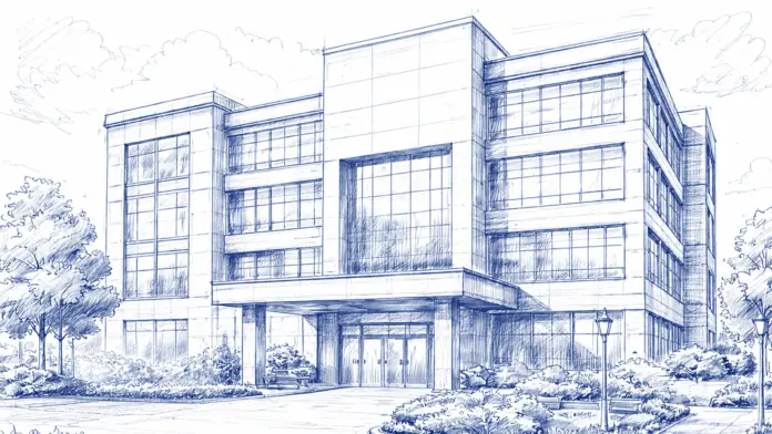 Illustration of a multi-story medical detox center and inpatient drug rehabilitation hospital.
