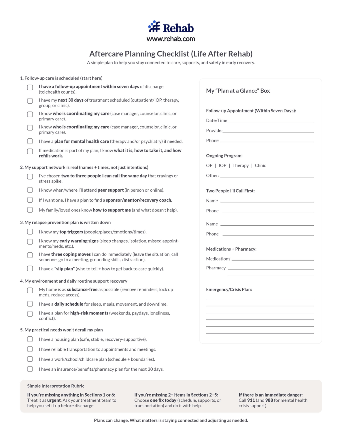 Aftercare Planning Worksheet from Rehab.com