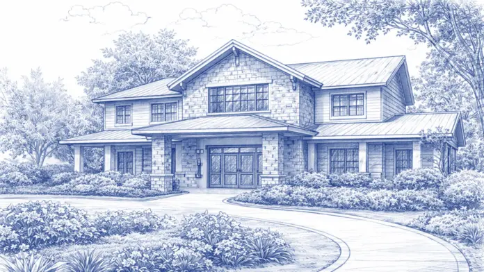 Sketch of a welcoming residential drug rehab center with a home-like exterior and front porch.