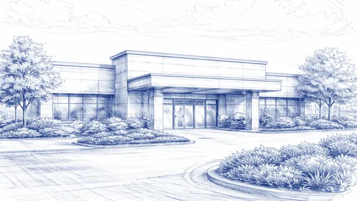 Exterior sketch of a single-story outpatient substance abuse treatment clinic with a covered entrance.
