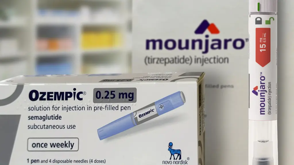 Boxes of Ozempic and Mounjaro in a pharmacy