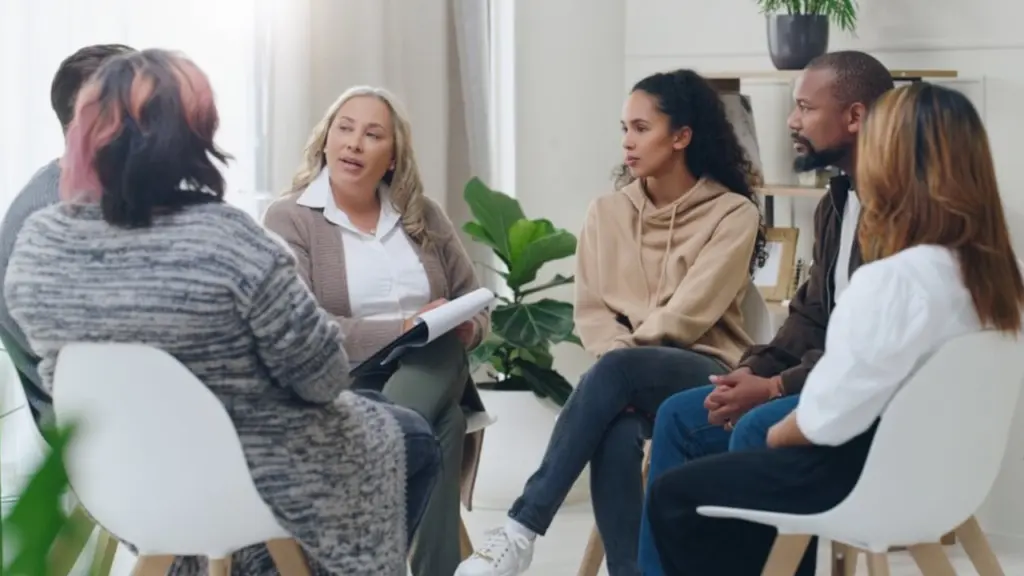 A group of people talk to each other at a peer support group. Learn more about nar-anon peer led support here