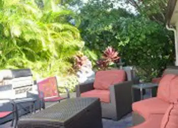 Outdoor patio with reddish lounge chairs, black side tables, lush green plants and trees overhead