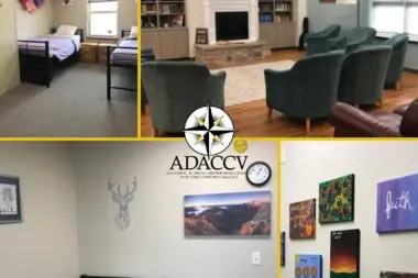 Interior composite showing patient bedrooms with beds, living room with fireplace and seating furniture, decorated walls