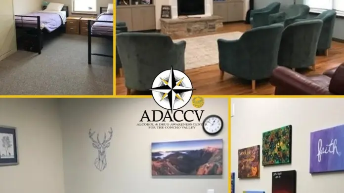 Interior composite showing patient bedrooms with beds, living room with fireplace and seating furniture, decorated walls
