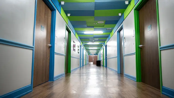 Interior hallway with alternating green and blue framed doors, colored ceiling panels, and polished wood flooring
