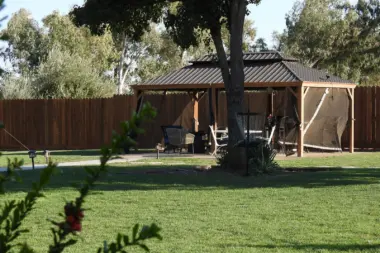 Outdoor patio area featuring wooden pergola shelter, multiple lounge chairs, large tree, wooden fence, and landscaped lawn.
