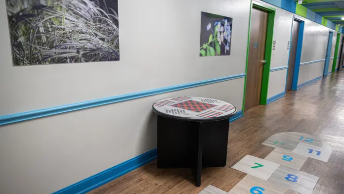 Interior hallway with nature artwork, game table, numbered floor markers, colored doors, and blue trim design