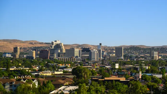 An aerial view of Reno Nevada downtown in summertime daylight